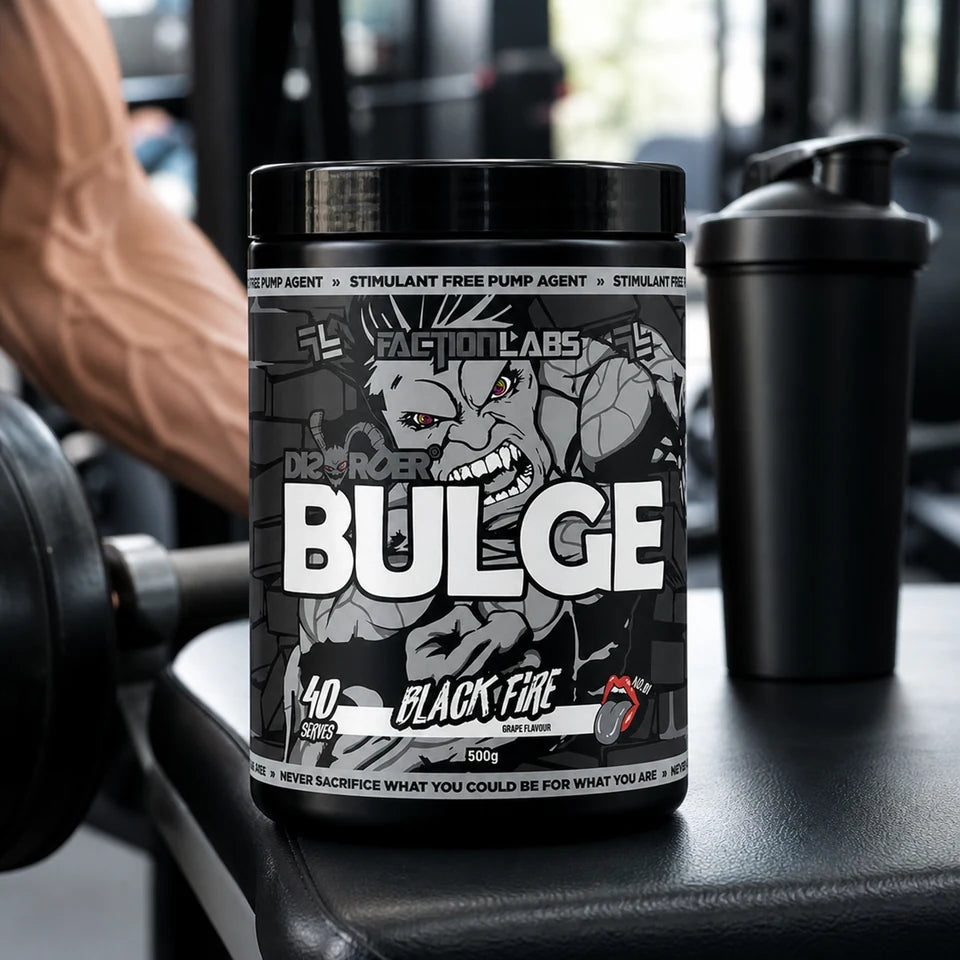 Faction Labs Bulge on a gym bench