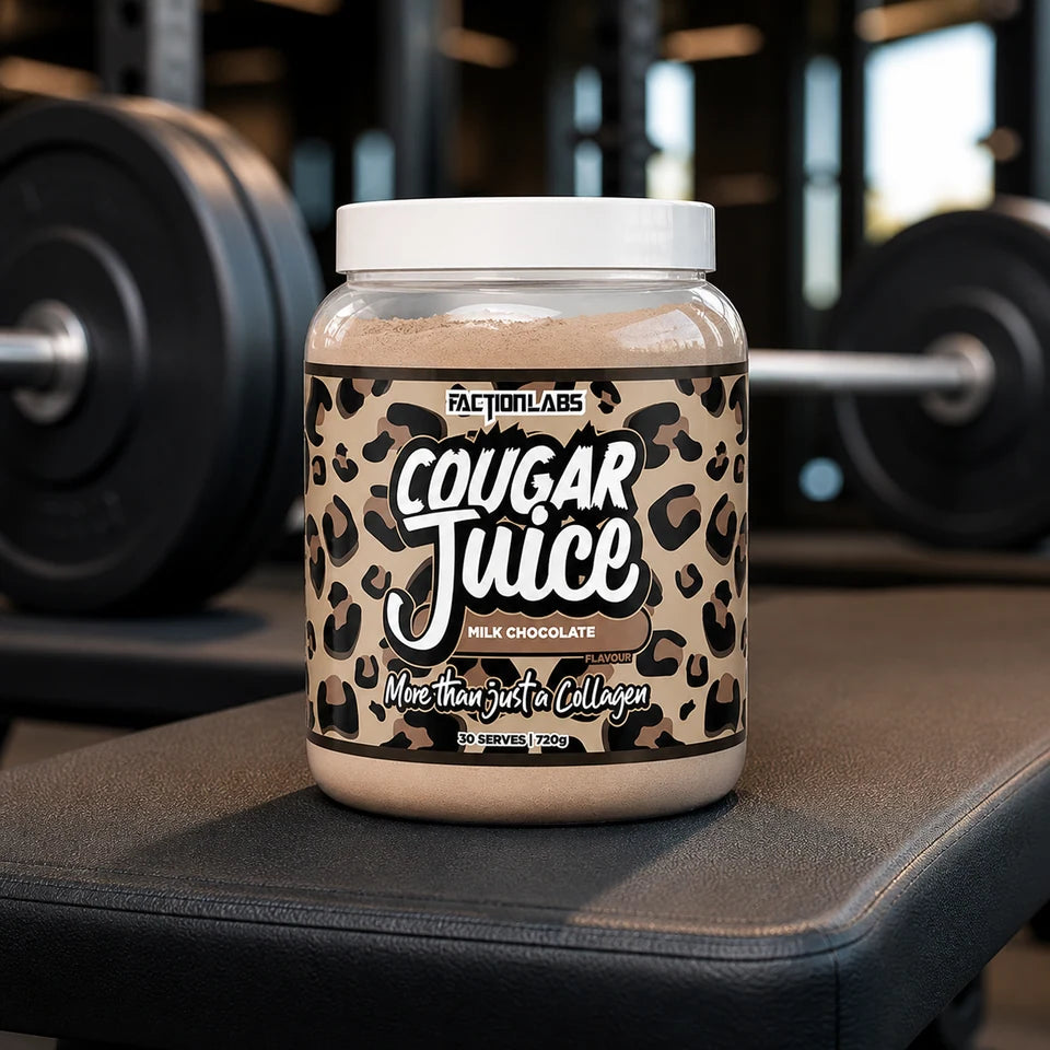 Faction Labs Cougar Juice on a gym bench