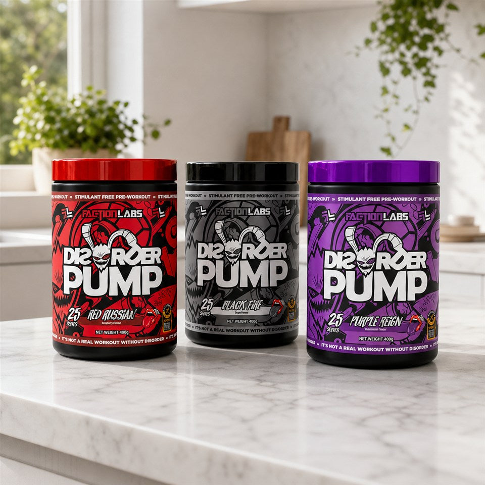 Faction Labs Disorder Pump Red Russian, Black Fire and Purple Reign tubs on a white marble counter