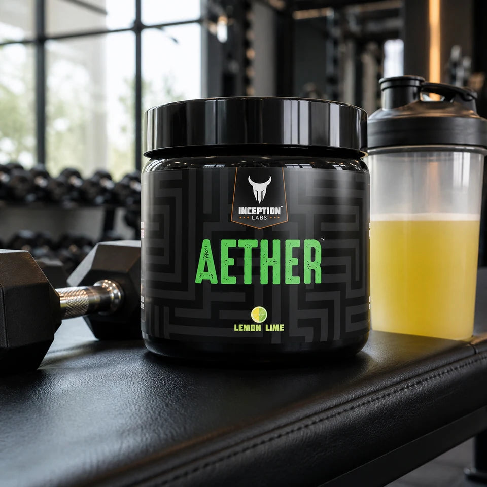 Inception Labs Aether on a gym bench with shaker