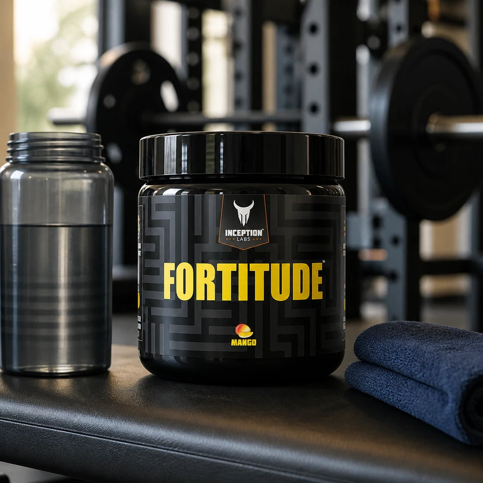 Inception Labs Fortitude beside a training bottle