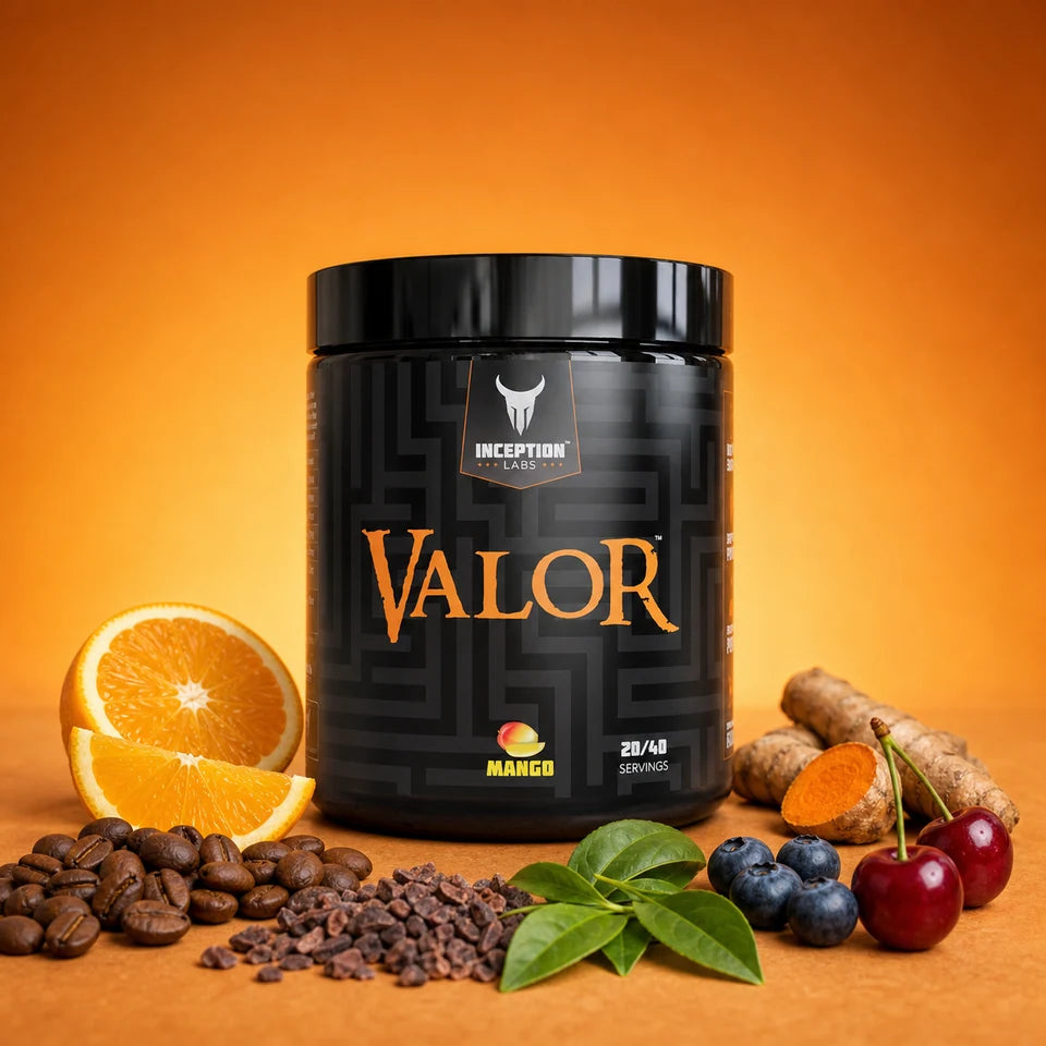 Inception Labs Valor Pre-Workout with coffee beans and blueberries
