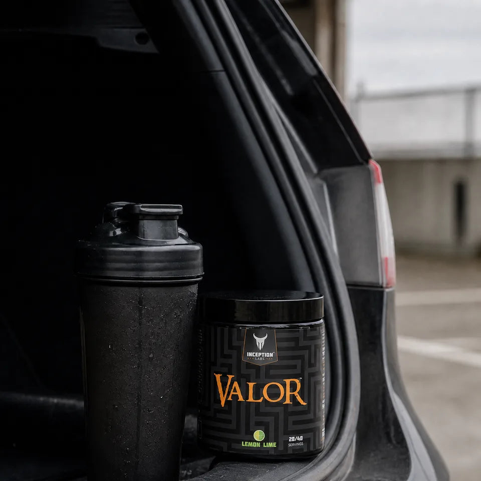 Inception Labs Valor Lemon Lime Pre-Workout with a shaker before training
