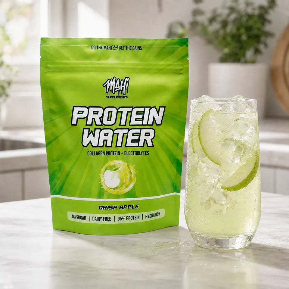 Mahi Protein Water Crisp Apple pouch beside a clear apple protein drink with ice and apple slices