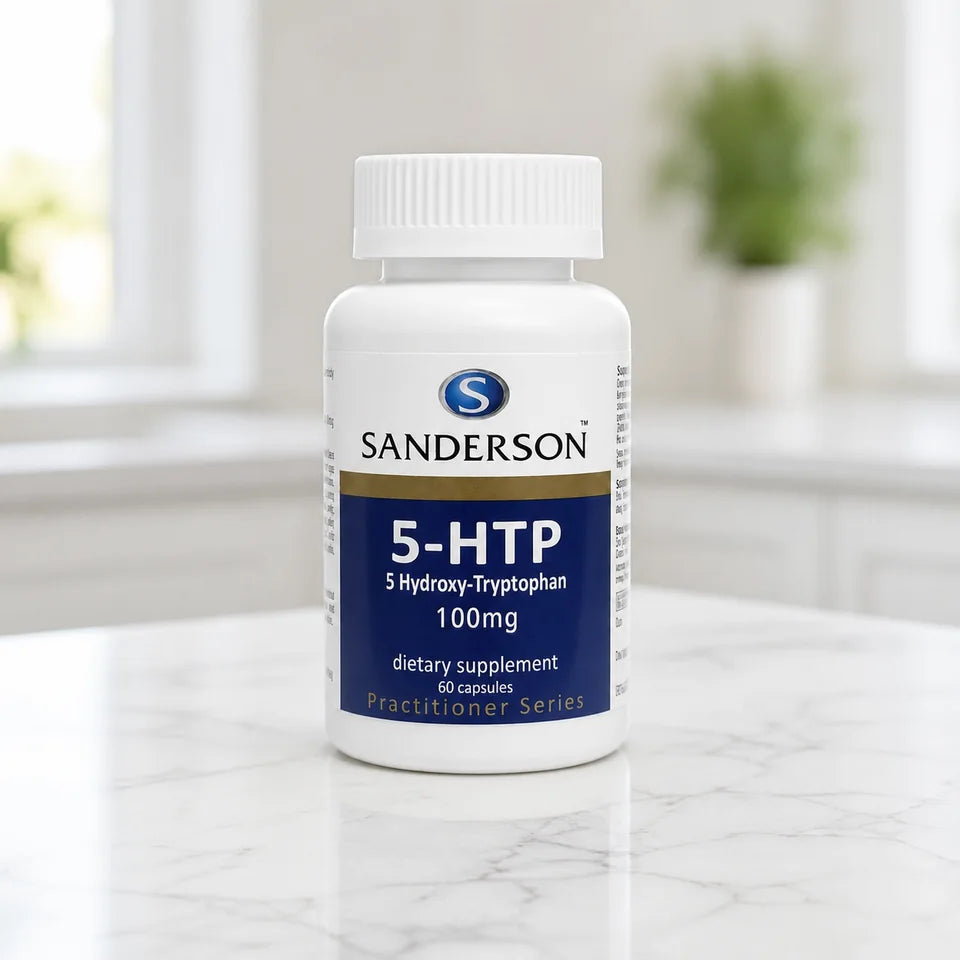 Sanderson 5-HTP bottle on a white marble counter with plants