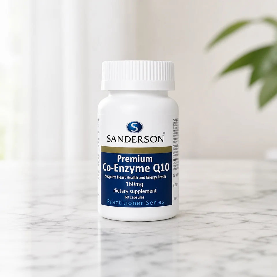 Sanderson Premium Co-Enzyme Q10 160mg bottle on a white marble counter with plants
