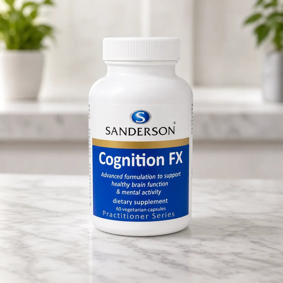 Sanderson Cognition FX bottle on a white marble counter with plants