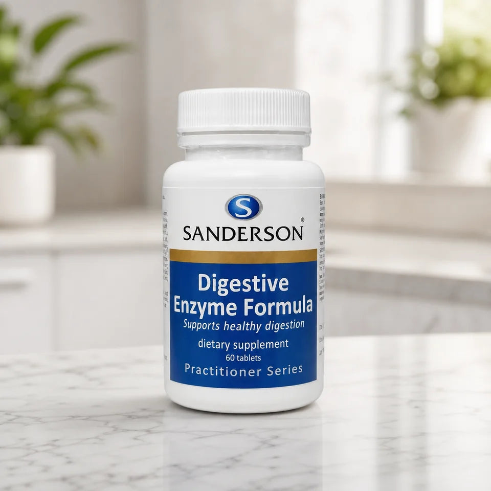 Sanderson Digestive Enzyme Formula bottle on a white marble counter with plants