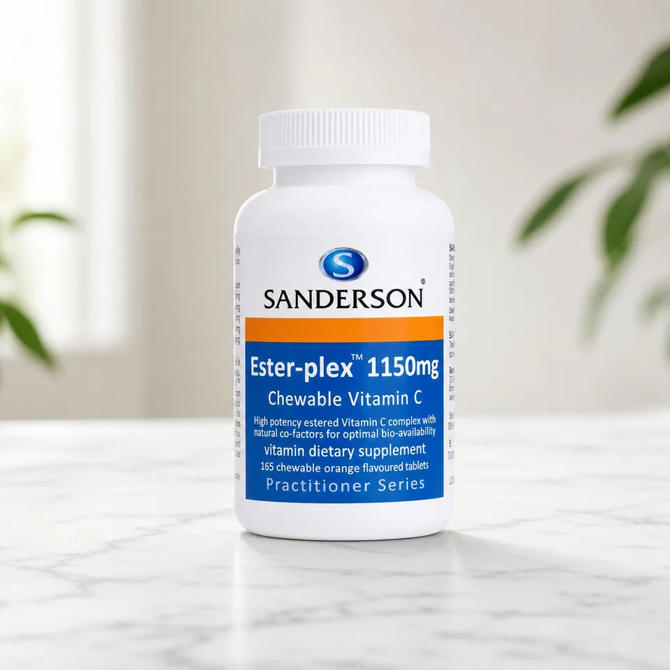 Sanderson Ester-Plex Vitamin C 1150mg bottle on a white marble counter with plants