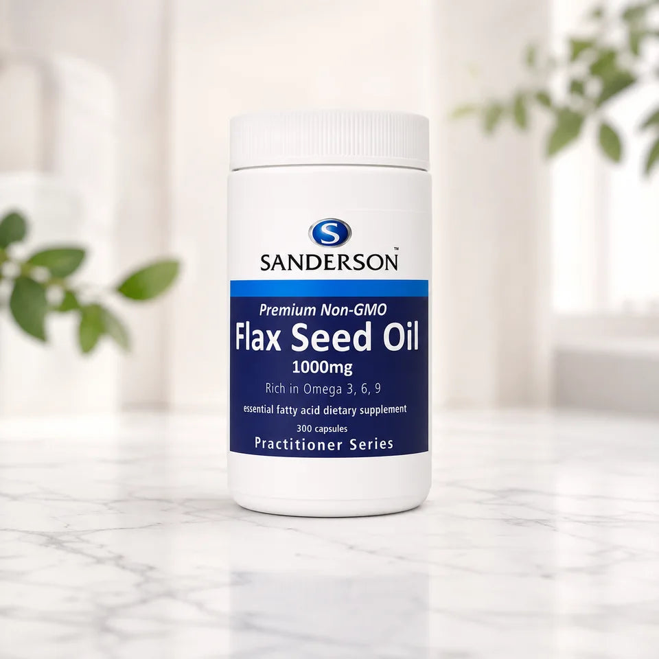 Sanderson Flax Seed Oil 1000mg bottle on a white marble counter with plants