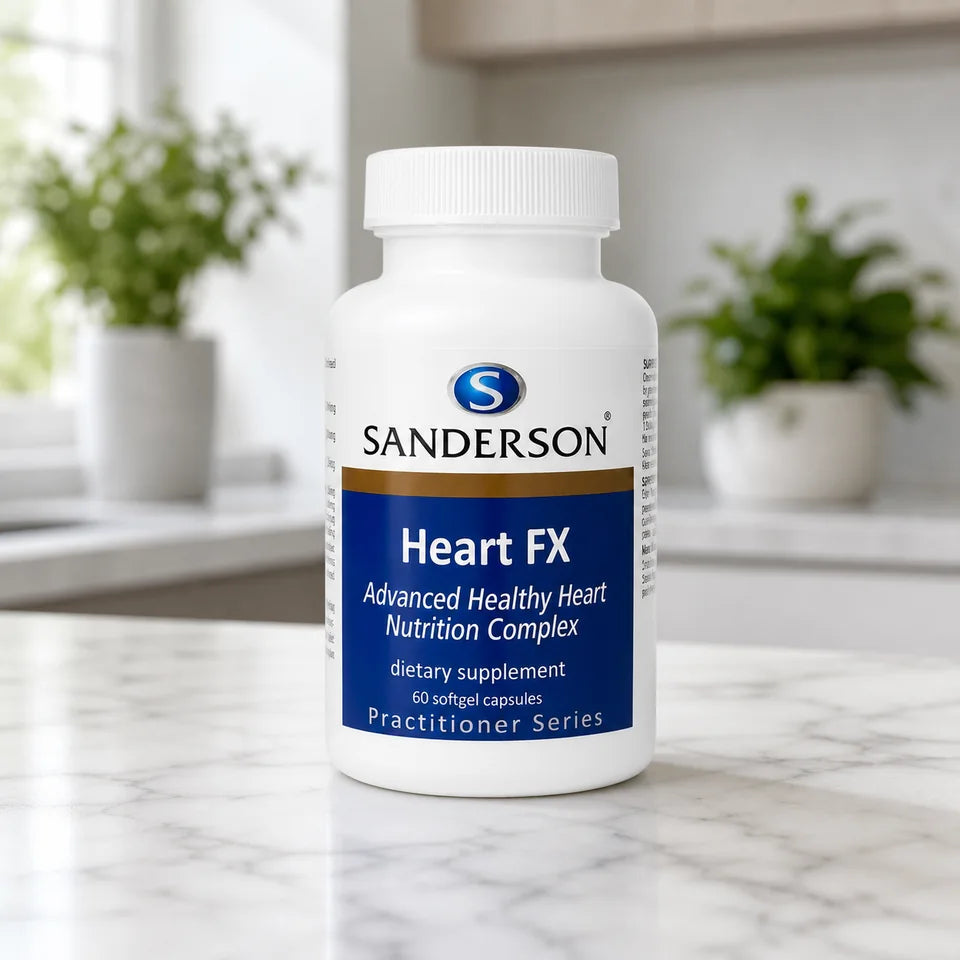 Sanderson Heart FX bottle on a white marble counter with plants