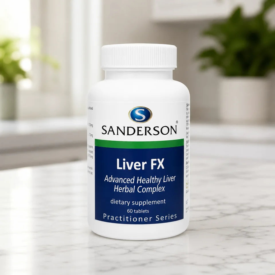 Sanderson Liver FX bottle on a white marble counter with plants