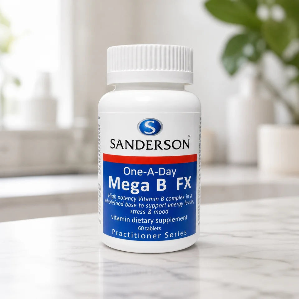 Sanderson One-A-Day Mega B FX bottle on a white marble counter with plants