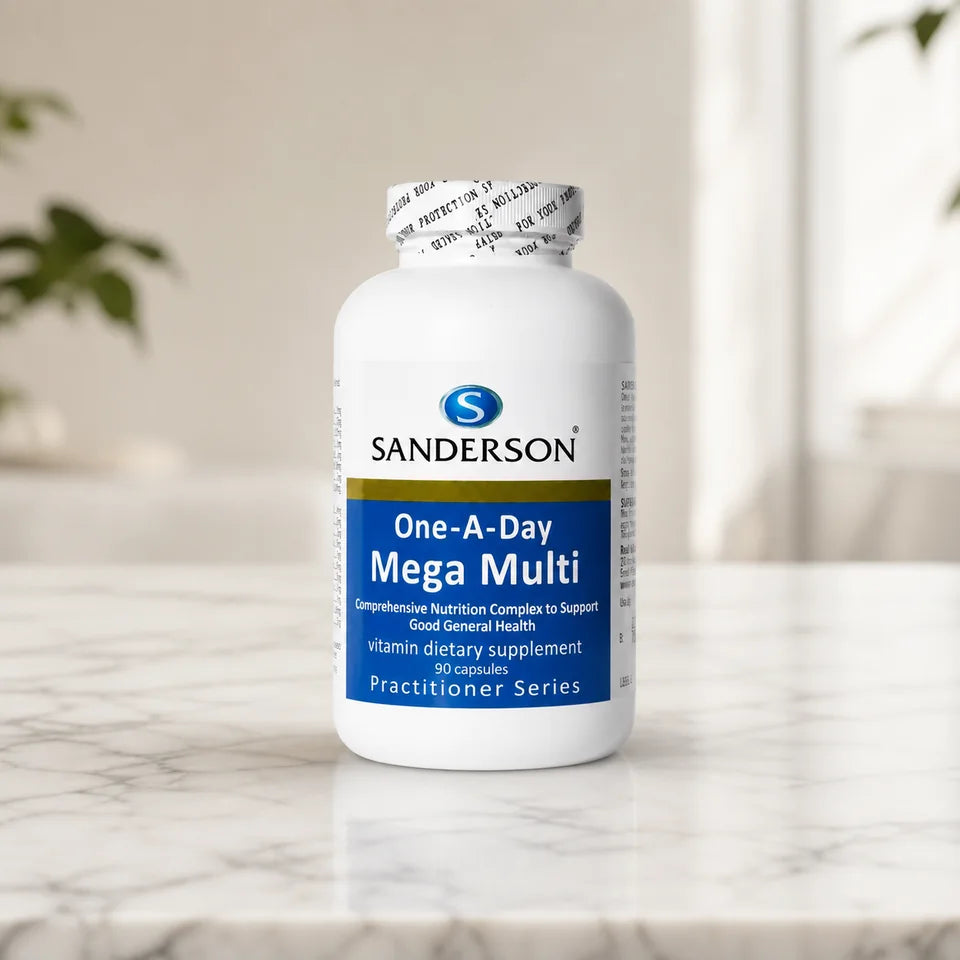 Sanderson One-A-Day Mega Multi bottle on a white marble counter with plants