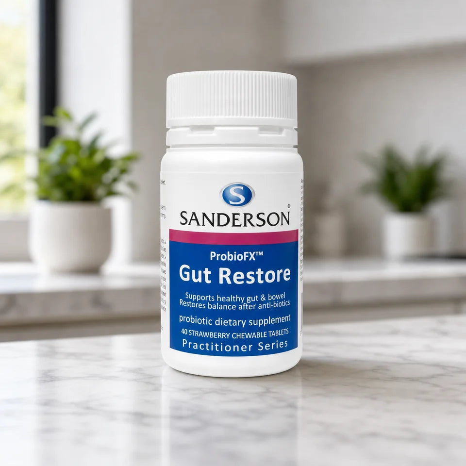 Sanderson ProbioFX Gut Restore bottle on a white marble counter with plants
