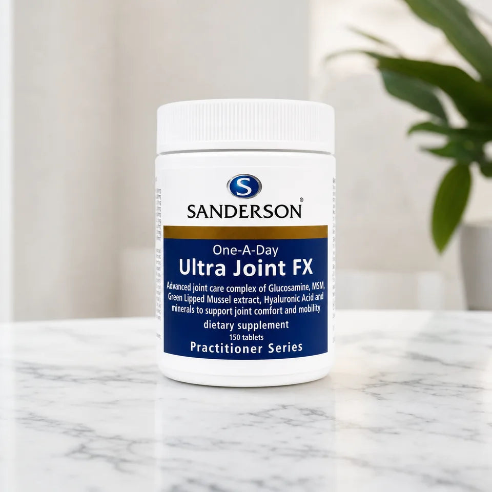 Sanderson Ultra Joint FX bottle on a white marble counter with plants