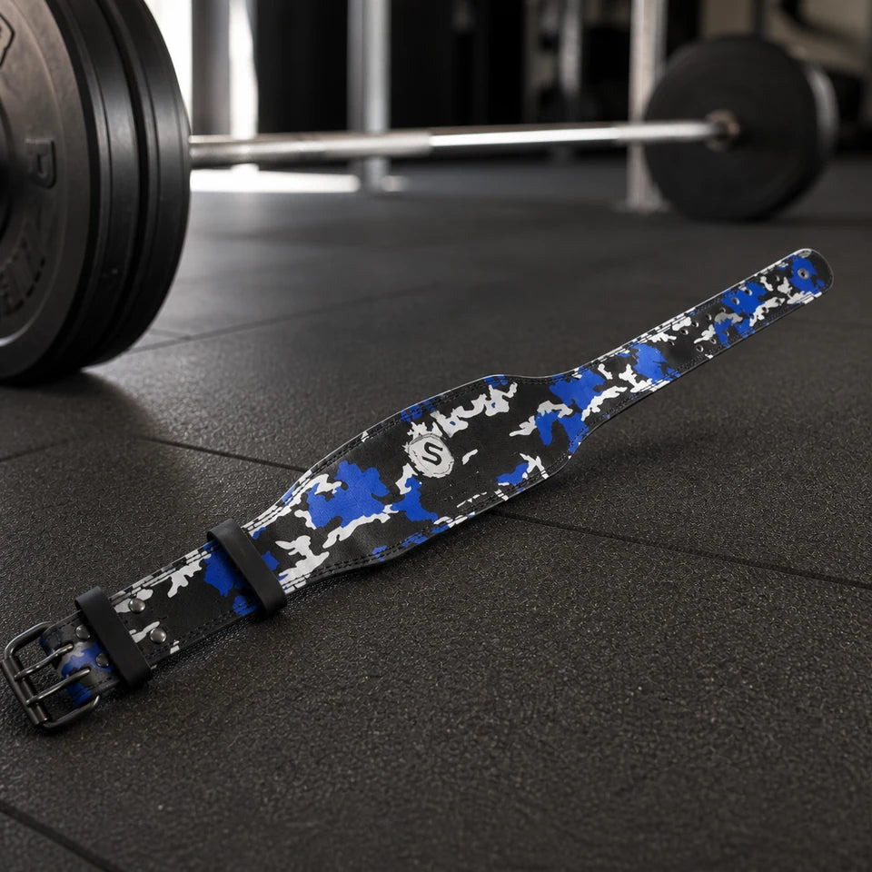 Supplement Solutions Leather Weight Lifting Belt (Blue Camo) in a lifestyle setting