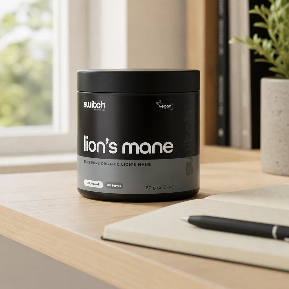 Switch Nutrition Essentials 100% Pure Organic Lion's Mane Powder in a lifestyle setting