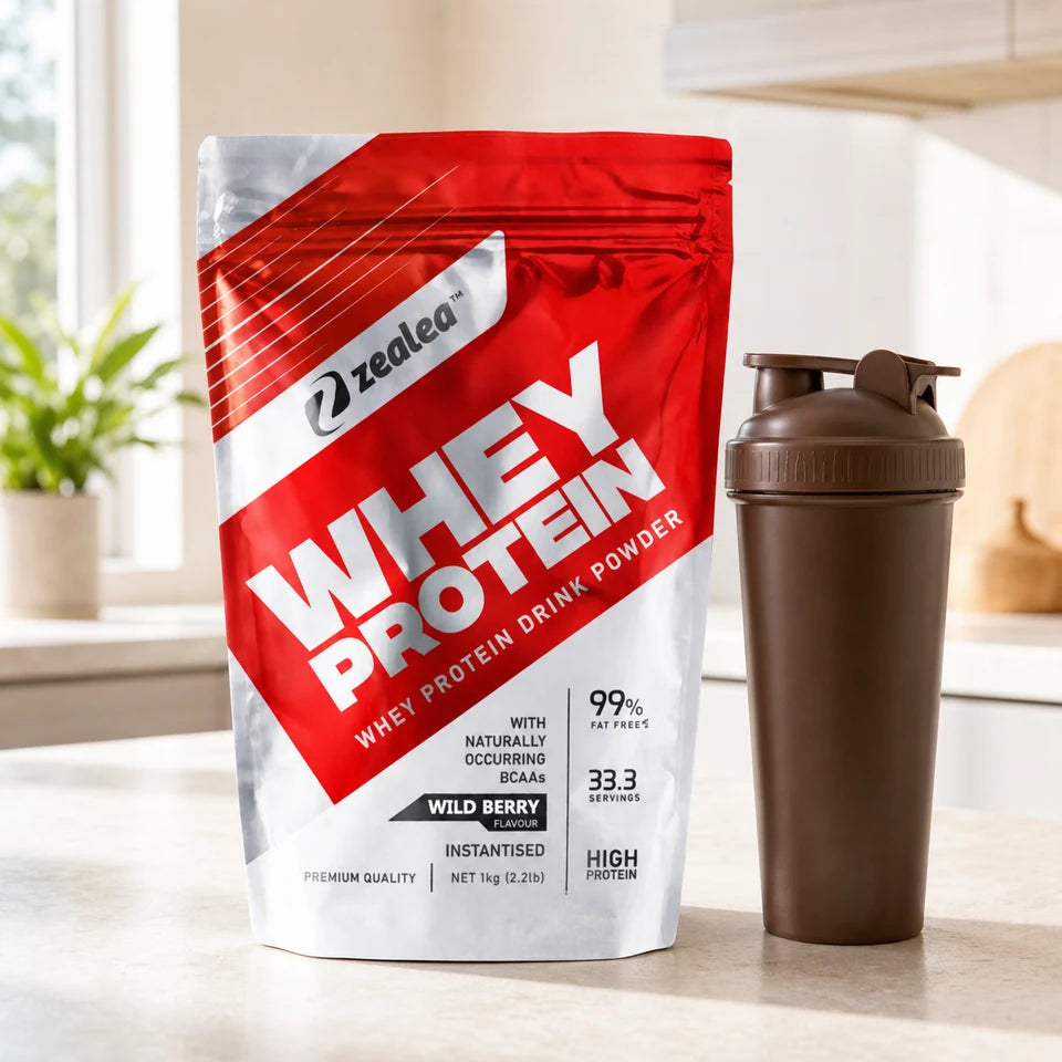 Zealea Whey Protein with a prepared shaker