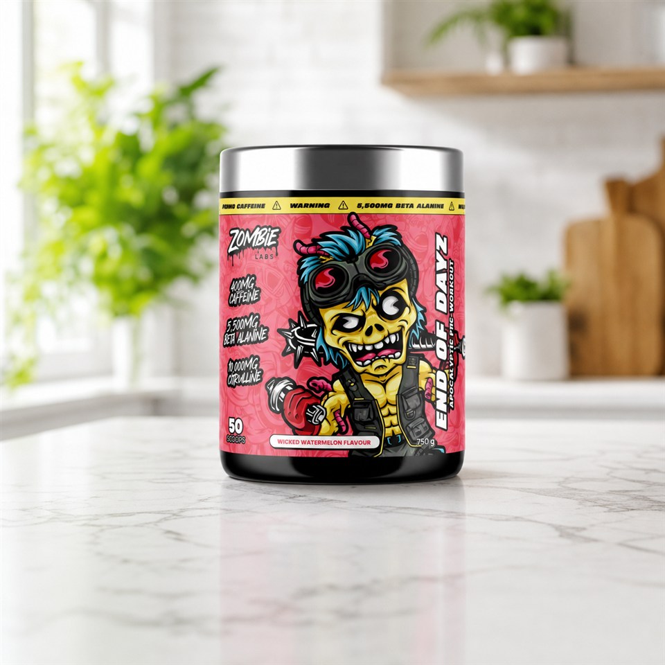 Zombie Labs End of Dayz Wicked Watermelon 750g tub on a white marble counter
